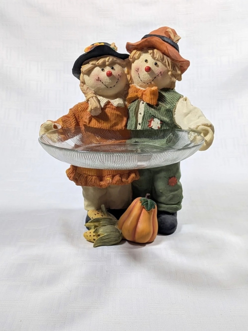 Fall Scarecrow Couple Resin Figurine with Glass Candy Dish